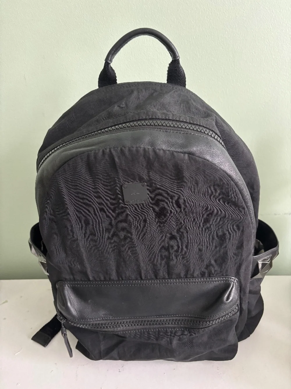 Authentic MCM Black Nylon & Leather 6-Stud Medium Backpack Vintage